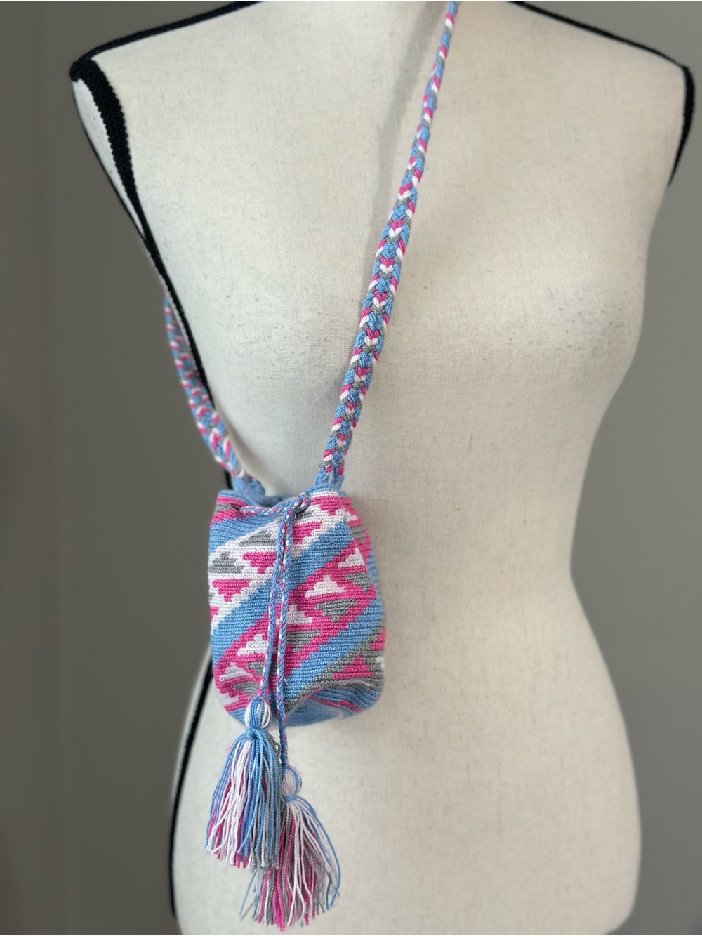 Handwoven Wayuu Tribe Pink Blue White Mini Crossbody Mochila Bag with Tassels